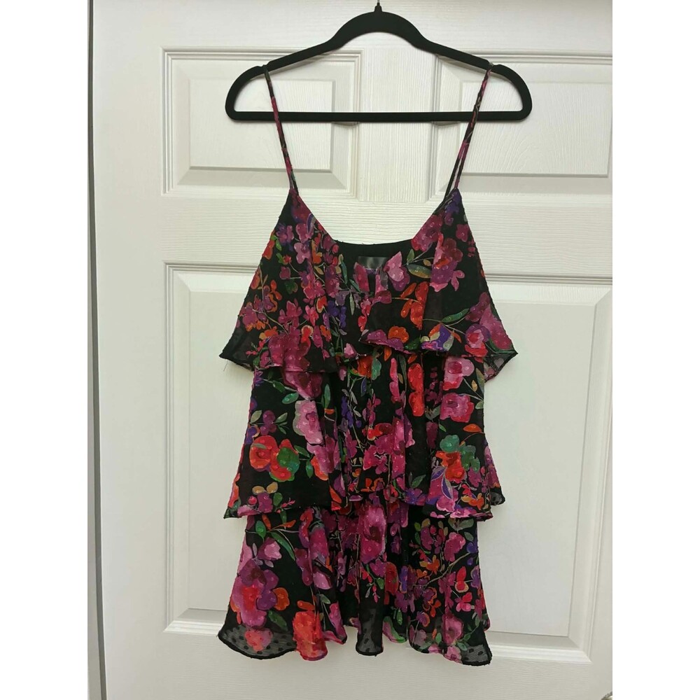 Line & Dot Floral Tiered Mini Dress XS Sheer Ruffle Strappy‎ Black